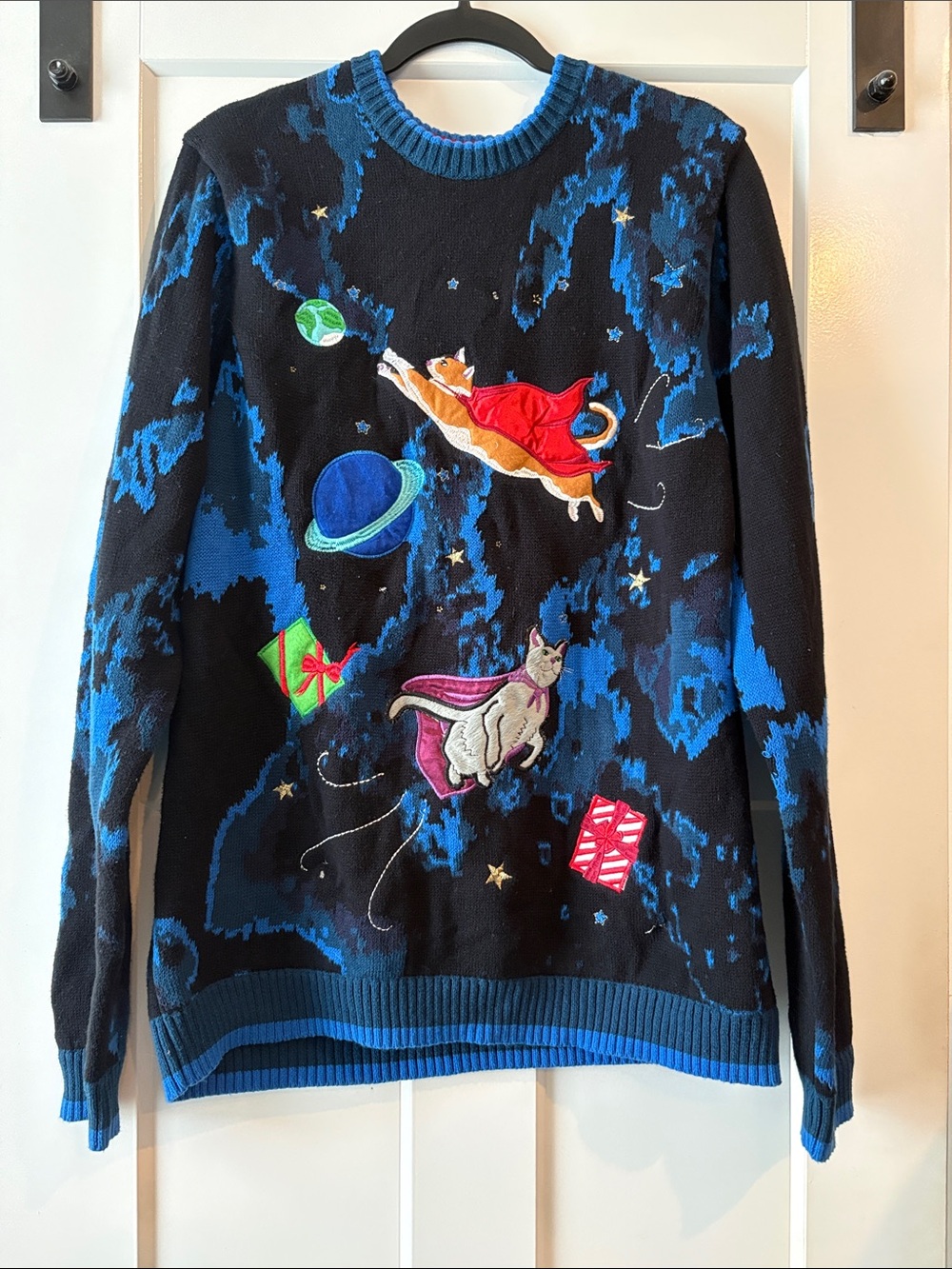 New York Laundry Black & Blue Crewneck Sweater with Space Cat Appliqués